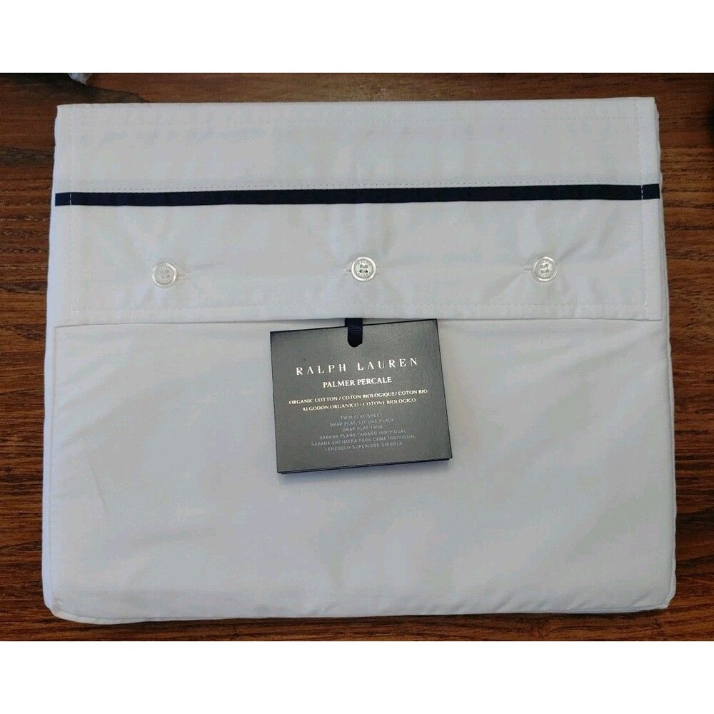 Ralph Lauren 100% Cotton Percale Palmer TWIN Flat Sheet White/Polo Navy (003)